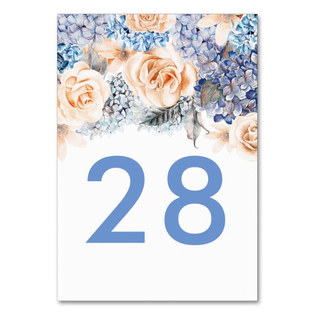 Numeração De Mesa Casamento de Rosas Azul Hydrangea e Peach (Verso)