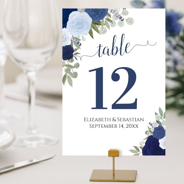 Numeração De Mesa Casamento de Rosas de Aquarela e Azul (Criador carregado)