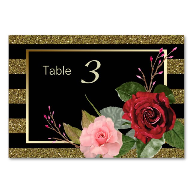 Numeração De Mesa Casamento de Rosas vermelhas Rosa com Stripe Spark (Frente)