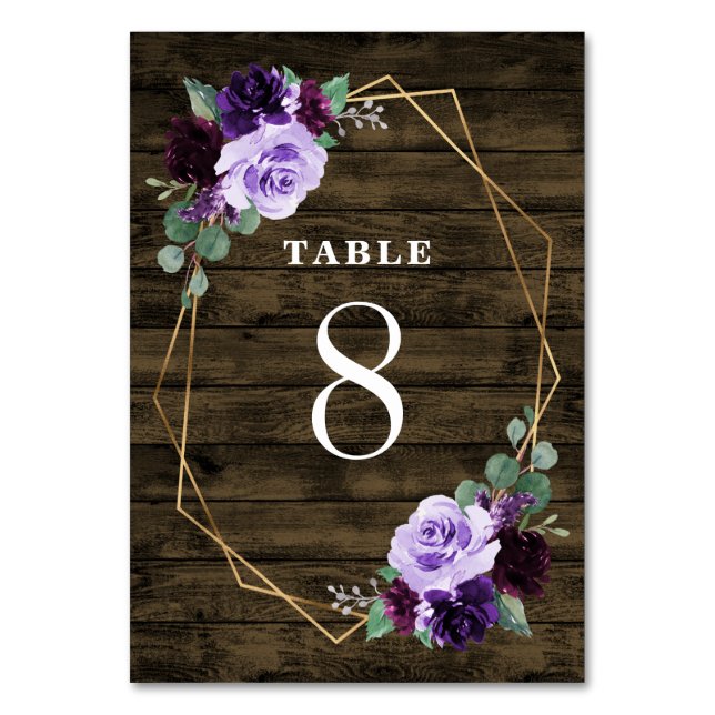 Numeração De Mesa Casamento de Roxo Floral e Madeira Dourada (Frente)