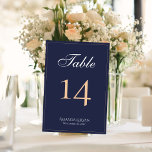 Numeração De Mesa Casamento de Script Azul do Marinho Elegante Moder<br><div class="desc">Número da Tabela de Casamento de Script Azul do Marinho Elegante Moderno. O cartão é moderno e elegante em azul escuro com borda fina e um roteiro em branco e cor de pêssego. Personalize cada placa separadamente para cada número de tabela e coloque-a separadamente no carrinho. Personalize todo o texto...</div>
