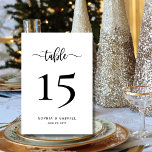 Numeração De Mesa Casamento de Script de Caligrafia Minimalista Dupl<br><div class="desc">Números de Tabelas de Casamento de Script de Caligrafia Moderna Elegante Duplo Lado com personalização personalizada. Ajude seus hóspedes a encontrar facilmente seu caminho com estas simples e elegantes placas de números de tabela de dois lados. Facilmente adicionar o, números, nomes e data! Possui um bonito roteiro de caligrafia manual,...</div>