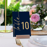 Numeração De Mesa Casamento de Script Dourado Azul com Marinho de Ca<br><div class="desc">Marinho de Caligrafia Rotação Azul e Casamento de Script Dourado. A mesa é definida em um script rotacionado à esquerda e o número da tabela à direita. Personalize facilmente o número e adicione cada número ao seu carrinho separadamente à medida que você o altera. O mesmo design está do outro...</div>
