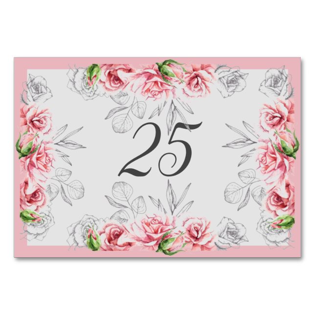 Numeração De Mesa Casamento de Script Floral de Cinza Rosa Elegante (Frente)