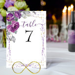 Numeração De Mesa Casamento de Script Floral e Elegante Roxo<br><div class="desc">Bonito número de mesa de casamento floral roxo com buquês de rosas e flores de aquarela. O design apresenta um elegante guião manuscrito, disposições florais bonito roxas e magenta, folhas verdes de cinza e folhagem e um traço de confete roxo e ouro. Navegue na minha coleção Plush Purple Floral para...</div>