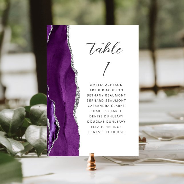 Numeração De Mesa Casamento de Script Moderno de Prata Roxo Agate (Criador carregado)