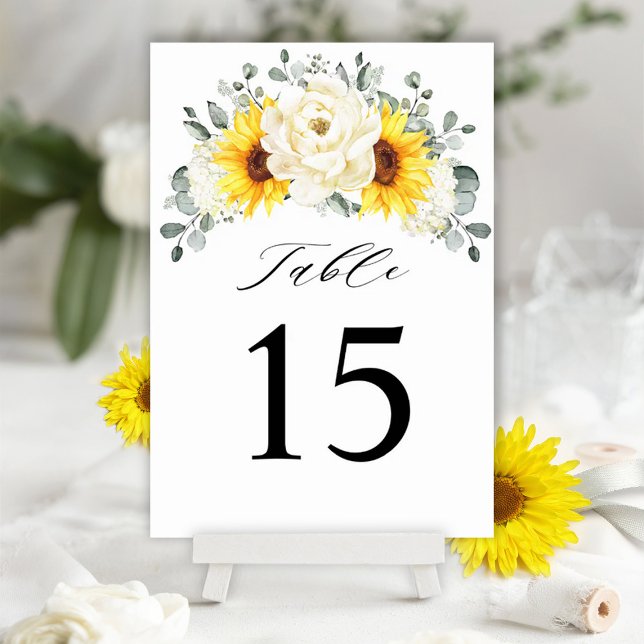 Numeração De Mesa Casamento de Sunflower Ivory Peony Floral Eucalypt (Yellow sunflower ivory peonies wedding theme.)
