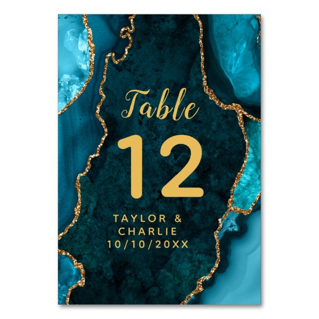 Numeração De Mesa Casamento de Teal e Agate Marble Dourado (Frente)