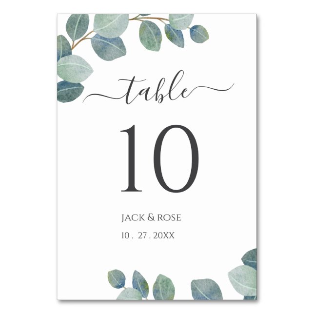 Numeração De Mesa Casamento de Verão de Eucalyptus Greenery Rustic. (Frente)