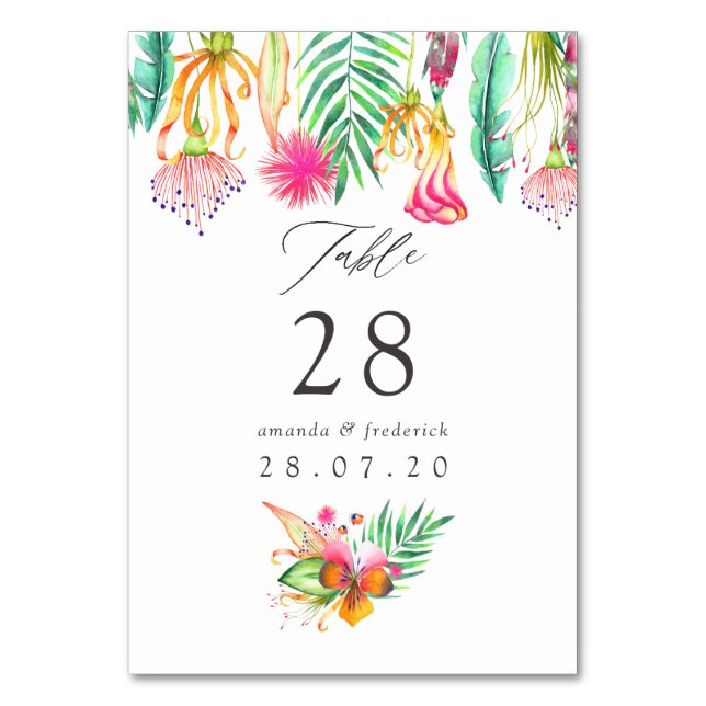 Numeração De Mesa Casamento de Verão Tropical Floral Aquarela na Pra (Frente)