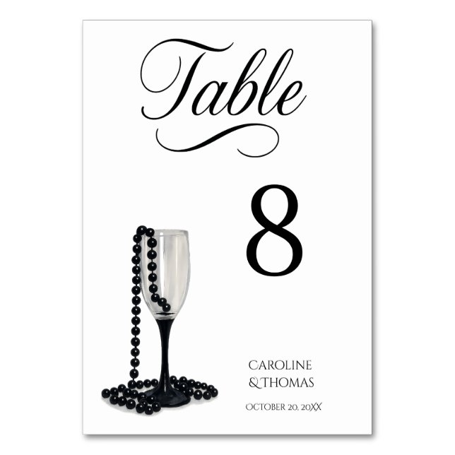 Numeração De Mesa Casamento de Vidro de Champanhe de Pérolas Pretas  (Frente)