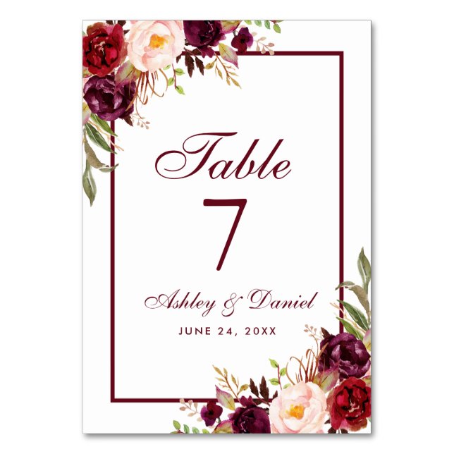 Numeração De Mesa Casamento de Watercolor Floral Burgundy (Frente)