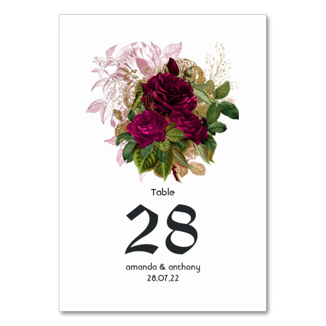 Numeração De Mesa Casamento Desbotado Rosa Dourado Borgonha (Frente)