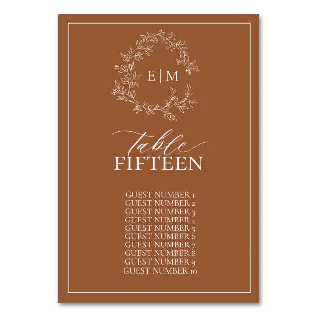 Numeração De Mesa Casamento do Modern Terracotta Leafy Crest Monogra (Frente)