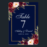 Numeração De Mesa Casamento Dourado Azul-Borgonha Floral<br><div class="desc">Cartão de Mesa de Casamento Dourado da Watercolor Floral Burgundy Marsala Blue</div>