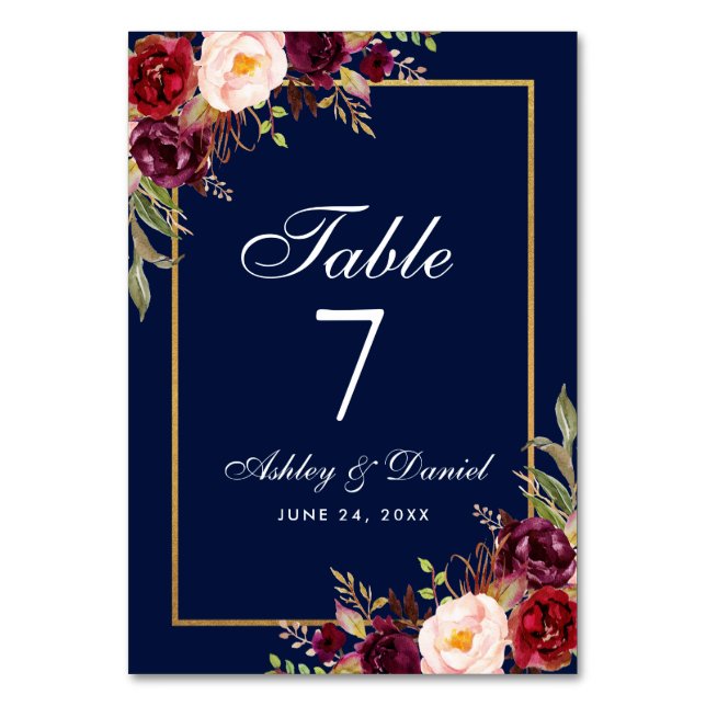 Numeração De Mesa Casamento Dourado Azul-Borgonha Floral (Frente)