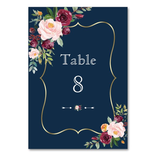 Numeração De Mesa Casamento Dourado Azul com Marinho Floral Burgundy (Frente)