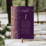 Numeração De Mesa Casamento Dourado com Rosa de Roxo Escuro<br><div class="desc">A borda esquerda desta elegante e moderna placa de número da mesa de casamento apresenta uma borda falsa de ouro rosa. A palavra "mesa" aparece em um guião branco rosa cor-de-rosa sobre um fundo roxo escuro. Adicione os nomes dos seus convidados que estão atribuídos a cada mesa.</div>