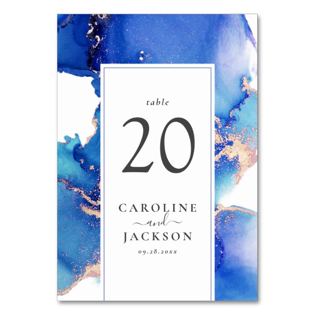 Numeração De Mesa Casamento Dourado de Aquarela Azul (Frente)