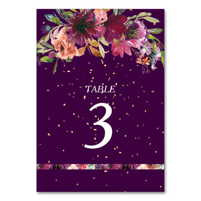 Numeração De Mesa Casamento Dourado de Confetti Floral Vívido Roxo P (Frente)