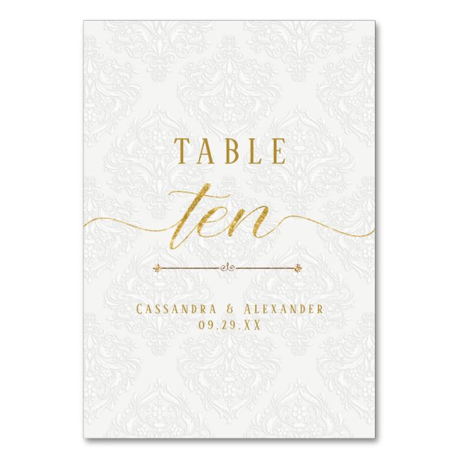 Numeração De Mesa Casamento Dourado de Lace Branco Elegante 10 (Frente)