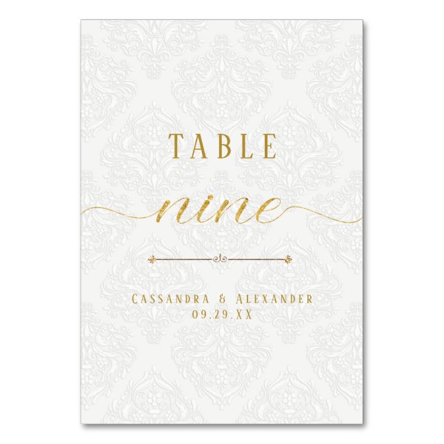 Numeração De Mesa Casamento Dourado de Lace Branco Elegante 9 (Frente)