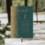 Numeração De Mesa Casamento Dourado de Leve Verde Moderno Escuro<br><div class="desc">A borda esquerda desta elegante e moderna placa de número da mesa de casamento apresenta uma borda falsa dourada. A palavra "mesa" aparece em um guião branco dourado sobre um fundo verde escuro. Adicione os nomes dos seus convidados que estão atribuídos a cada mesa.</div>