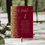 Numeração De Mesa Casamento Dourado de Lixo Vermelho Burgundy<br><div class="desc">A borda esquerda desta elegante e moderna placa de número da mesa de casamento apresenta uma borda falsa dourada. A palavra "mesa" aparece em um guião branco de cor dourada sobre um fundo vermelho burgundy. Adicione os nomes dos seus convidados que estão atribuídos a cada mesa.</div>