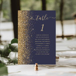 Numeração De Mesa Casamento Dourado de Luminosas Azuis Moderno<br><div class="desc">A borda esquerda desta elegante e moderna placa de número da mesa de casamento apresenta uma borda falsa dourada. A palavra "mesa" aparece em um guião branco de cor dourada sobre fundo azul escuro. Adicione os nomes dos seus convidados que estão atribuídos a cada mesa.</div>