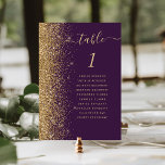 Numeração De Mesa Casamento Dourado de Luminosas Roxas Modernas Escu<br><div class="desc">A borda esquerda desta elegante e moderna placa de número da mesa de casamento apresenta uma borda falsa dourada. A palavra "mesa" aparece em um guião branco dourado sobre fundo roxo escuro. Adicione os nomes dos seus convidados que estão atribuídos a cada mesa.</div>