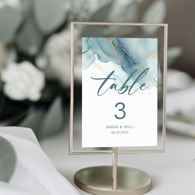 Numeração De Mesa Casamento Dourado de praia azul-moderno minimalist (dusty blue modern beach wedding table number elegant bohemian romantic summer chic gold)