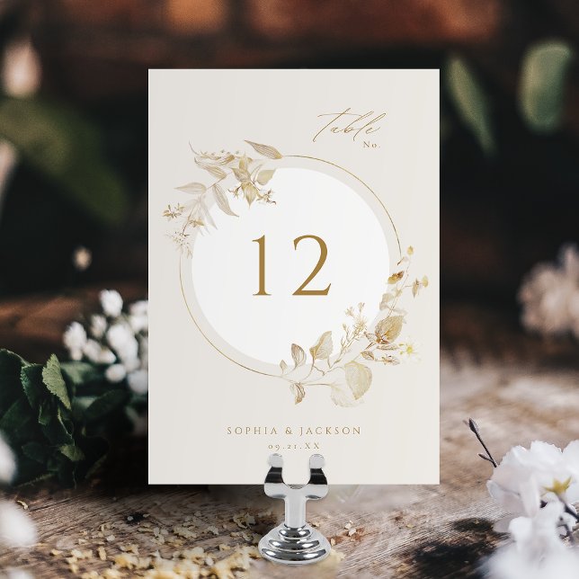 Numeração De Mesa Casamento Dourado E Elegante De Ferida Biológica F (Elegant Gold Botanical Floral Wreath Wedding Table Number)