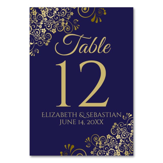 Numeração De Mesa Casamento Dourado e marinho de Filigre Azul (Frente)