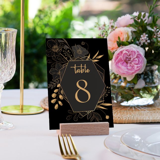 Numeração De Mesa Casamento Dourado e negro elegante (Elegant Black & Gold Floral Wedding Table card)