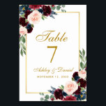 Numeração De Mesa Casamento Dourado Floral Azul Burgundy<br><div class="desc">Cartão de Mesa de Casamento Dourado Azul Floral Burgundy</div>