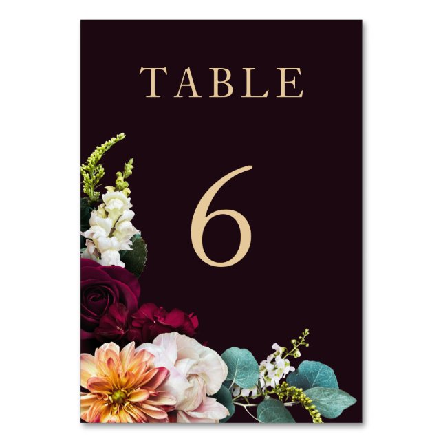 Numeração De Mesa Casamento Dourado Floral de Autumn Burgundy (Frente)