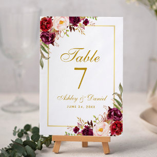 Numeração De Mesa Casamento Dourado floral de Borgonha da aguarela