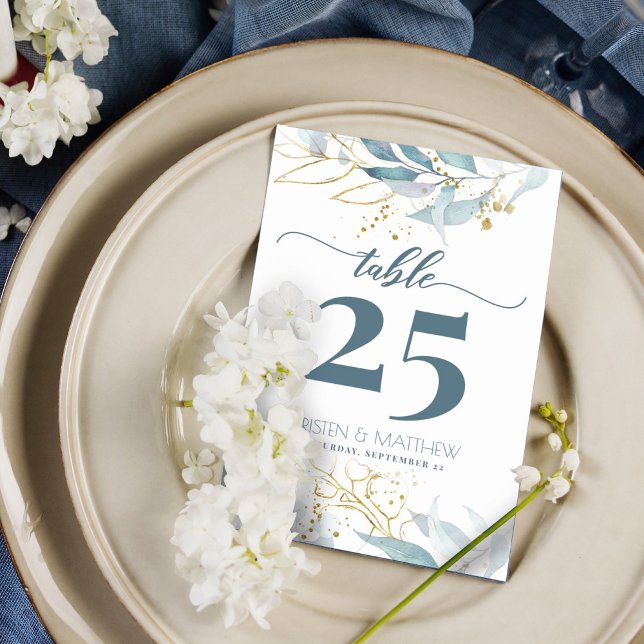 Numeração De Mesa Casamento Dourado Floral Elegante Azul-Dusty (Elegant dusty blue greenery with gold accent makes this the perfect table card for your boho wedding)