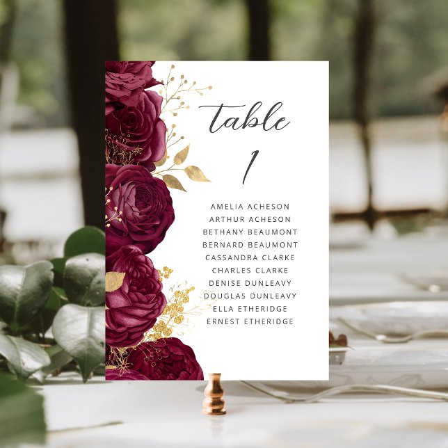 Numeração De Mesa Casamento Dourado Floral Moderno Burgundy (Criador carregado)