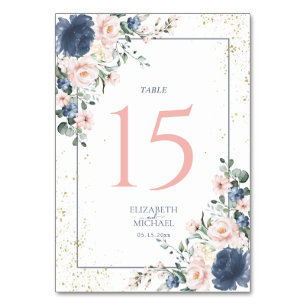 Numeração De Mesa Casamento Dourado Floral Rosa-Rosa Azul-Dusty