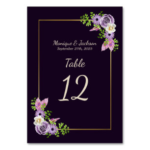 Numeração De Mesa Casamento Dourado floral roxo elegante do quadro