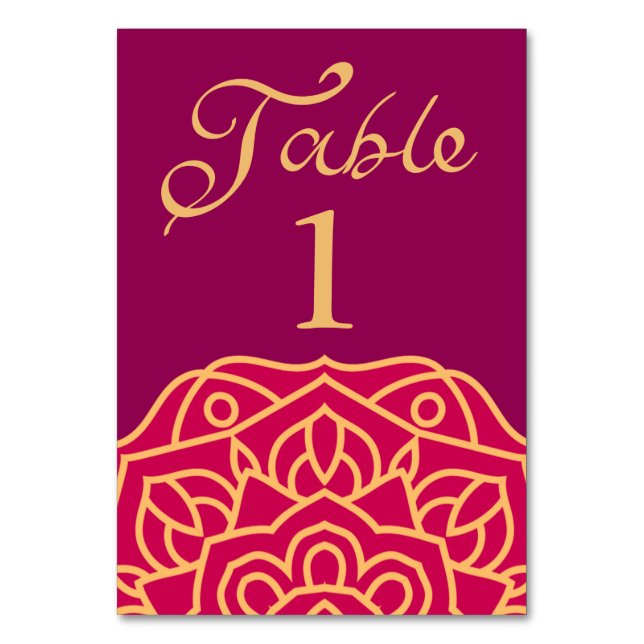 Numeração De Mesa Casamento Dourado Indiano Elegante Mandala Magenta (Frente)