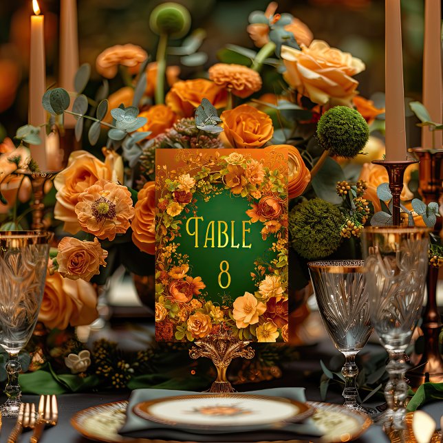 Numeração De Mesa Casamento Dourado Laranja Elegante e Druso Verde (Floral Celtic Arch Gold and Green Wedding Table Number )