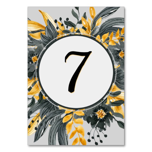 Numeração De Mesa Casamento Elegante Amarelo + Cinza Floral Aquarela (Frente)
