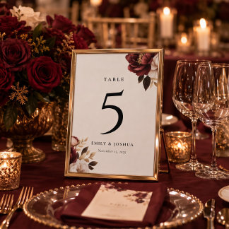 Numeração De Mesa Casamento Elegante Borgonha Dourado