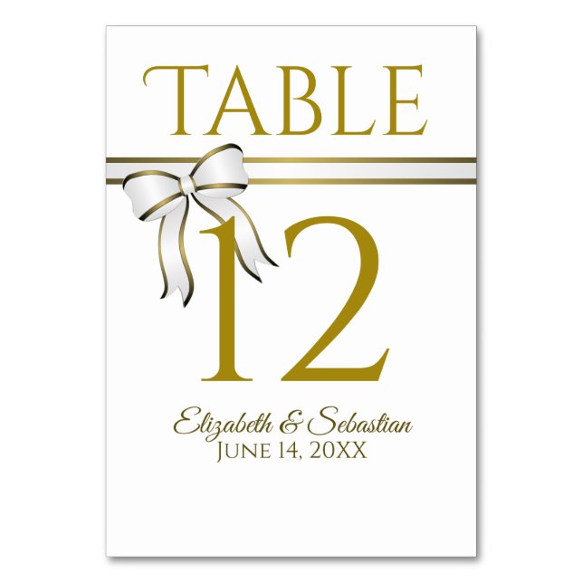 Numeração De Mesa Casamento Elegante com Fita Branca e Dourada (Frente)
