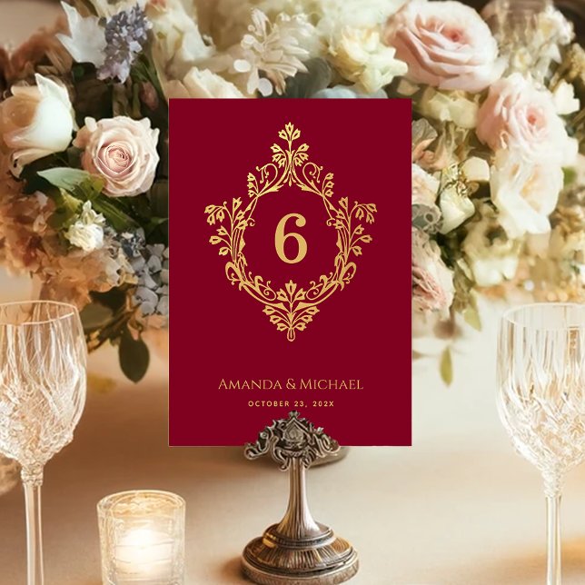 Numeração De Mesa Casamento Elegante de Crest Burgundy Faux Dourado  (Criador carregado)