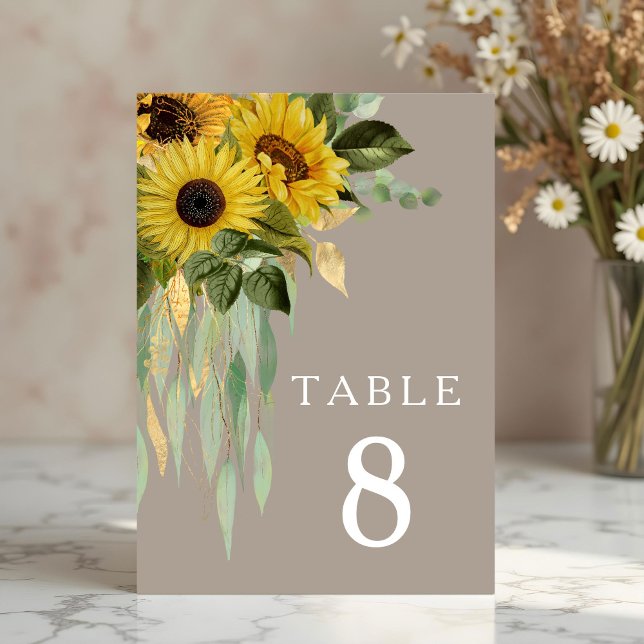 Numeração De Mesa Casamento Elegante de Girassol Eucalyptus Taupe (Elegant Sunflower Eucalyptus Taupe Wedding Table Number)