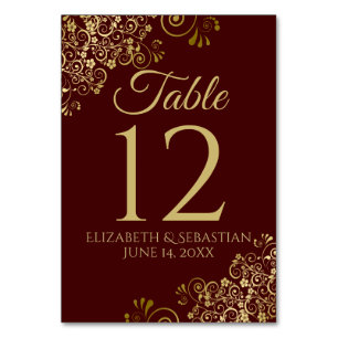 Numeração De Mesa Casamento Elegante Dourado e Borgonha