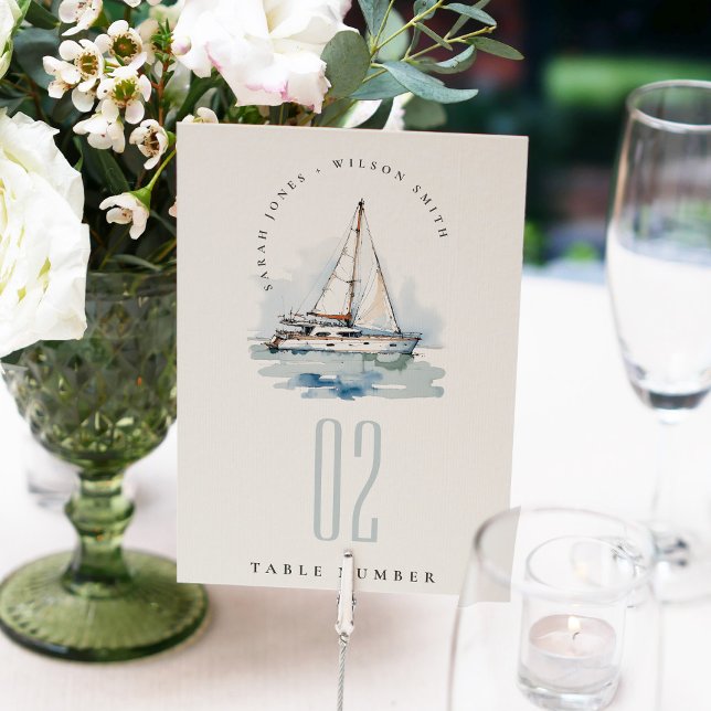 Numeração De Mesa Casamento Elegante Dusky Sailboat Yacht Seascape (Criador carregado)